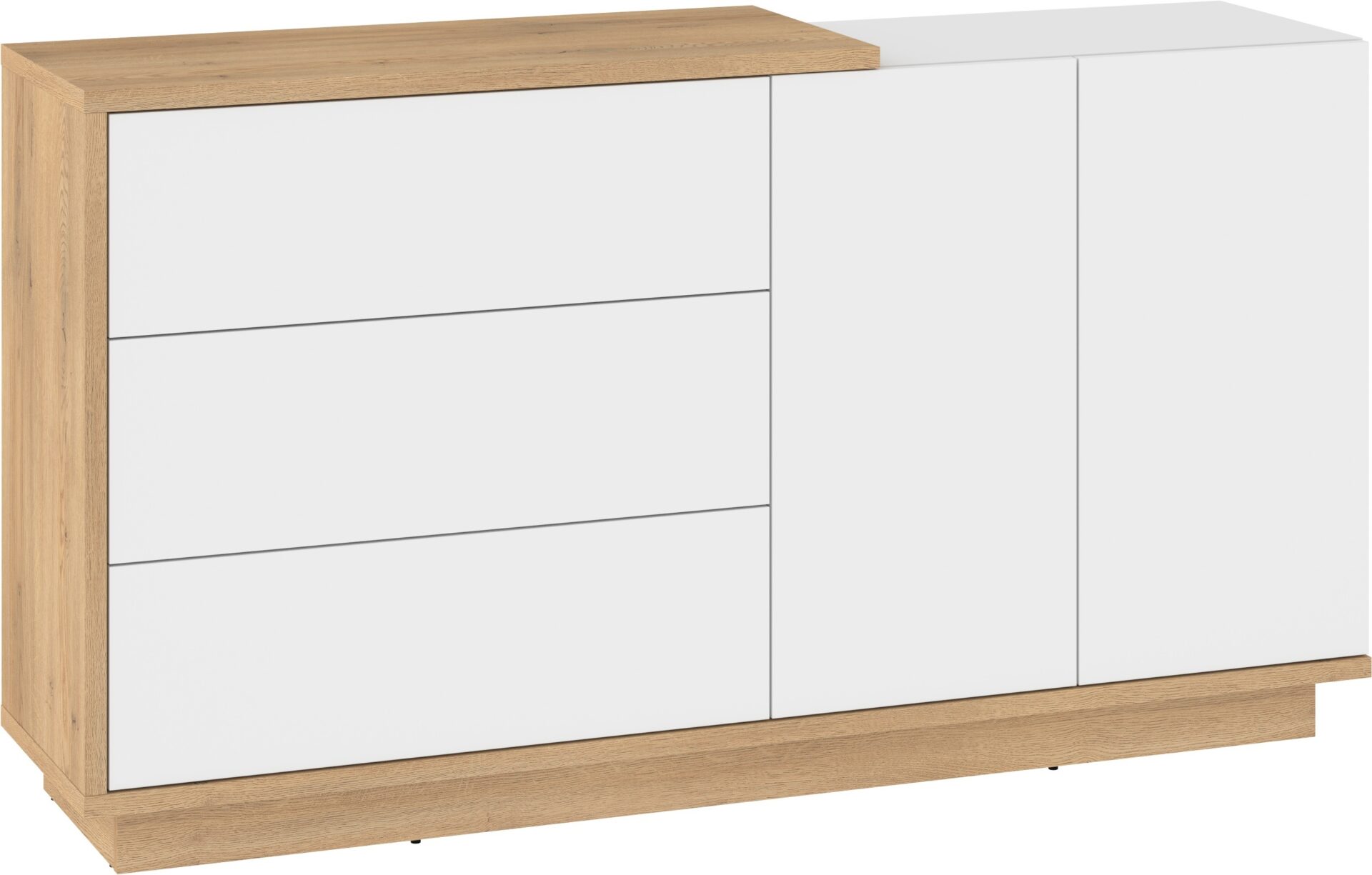 BRITA 07 didelė komoda su durelėmis, pagaminta iš kremonos ąžuolo, blizgios baltos spalvos