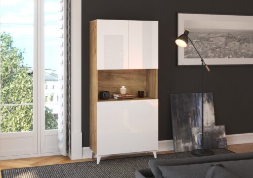 MEGI baldai, 1 lentyna + rašomasis stalas, ąžuolas, auksinis / baltas, blizgus