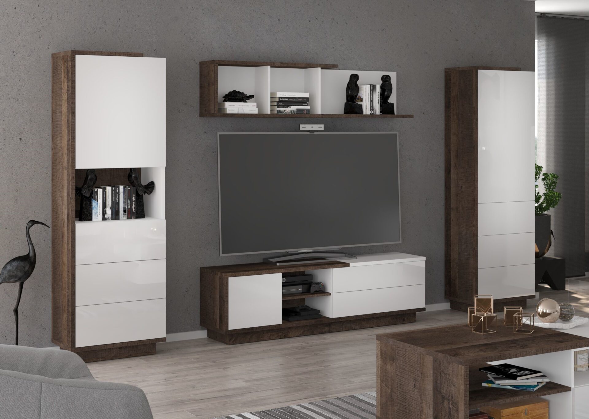 BRITA baldai #3 sieninė spintelė, knygų lentyna, TV spintelė, lentyna, Grange ąžuolas, balta blizgi spalva