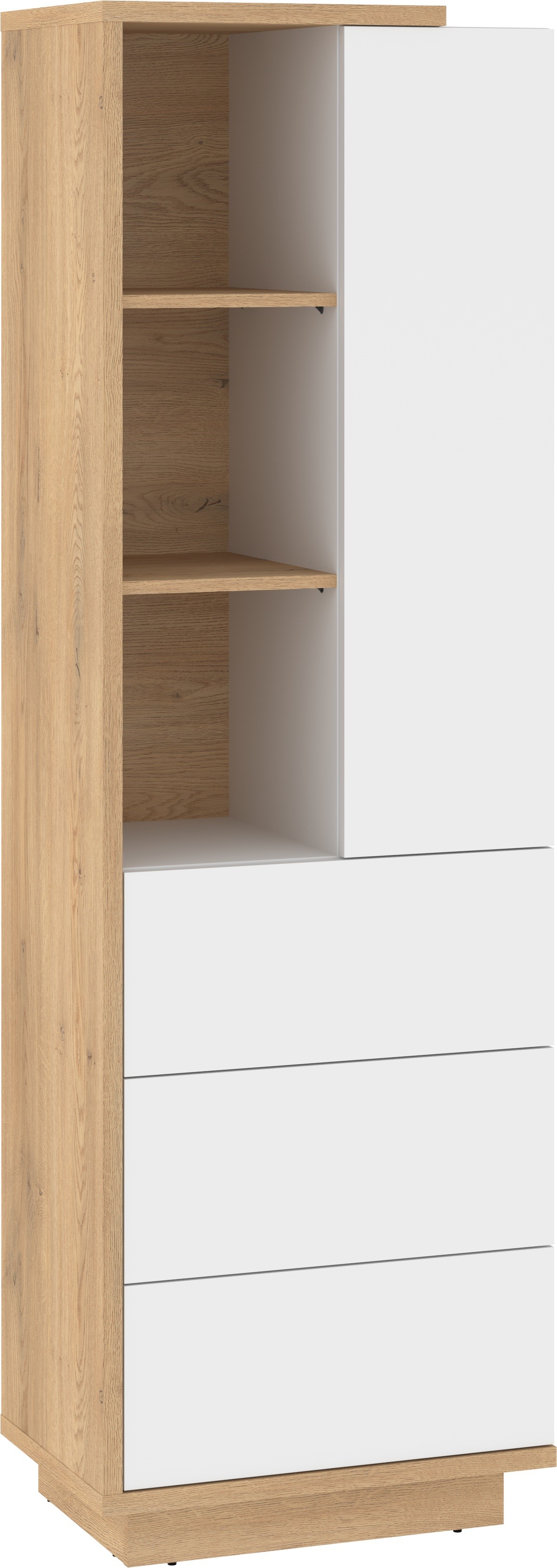 BRITA 19 aukšta baldų lentyna su lentynomis, stalčiumi, durelėmis, kremonos ąžuolas, balta