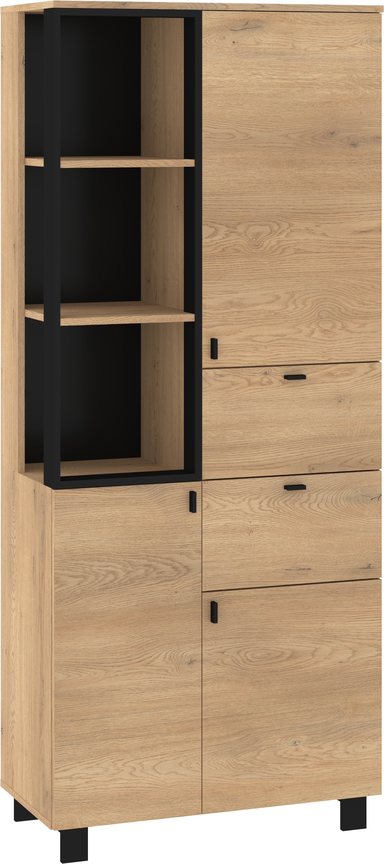 GAVES 10 baldai, aukšta spintelė su stalčiais ir durelėmis, kremonos ąžuolas, juoda