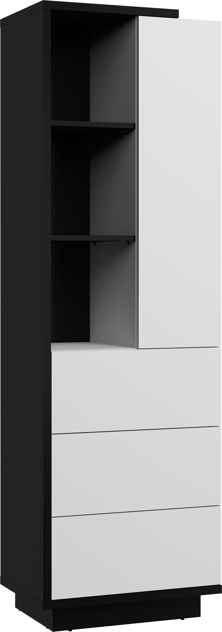 BRITA 19 baldai, aukšta lentyna su lentynomis, stalčius, durys, juodai balta blizgi spalva