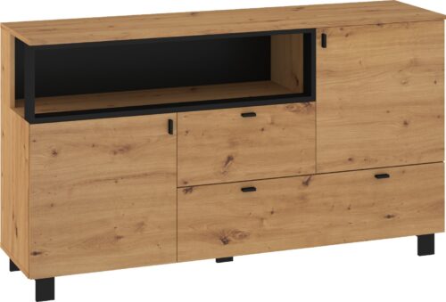 GAVES 03 baldai, didelė komoda su durelėmis svetainei, ąžuolo dirbiniai, juoda