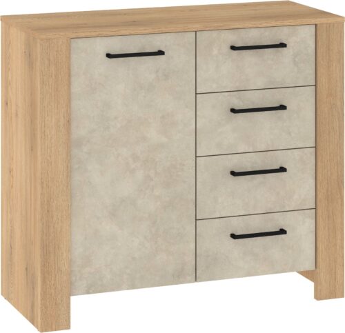 DELIS 02 baldų komoda su durelėmis svetainei, ąžuolo spalvos Cremona Granada mediena