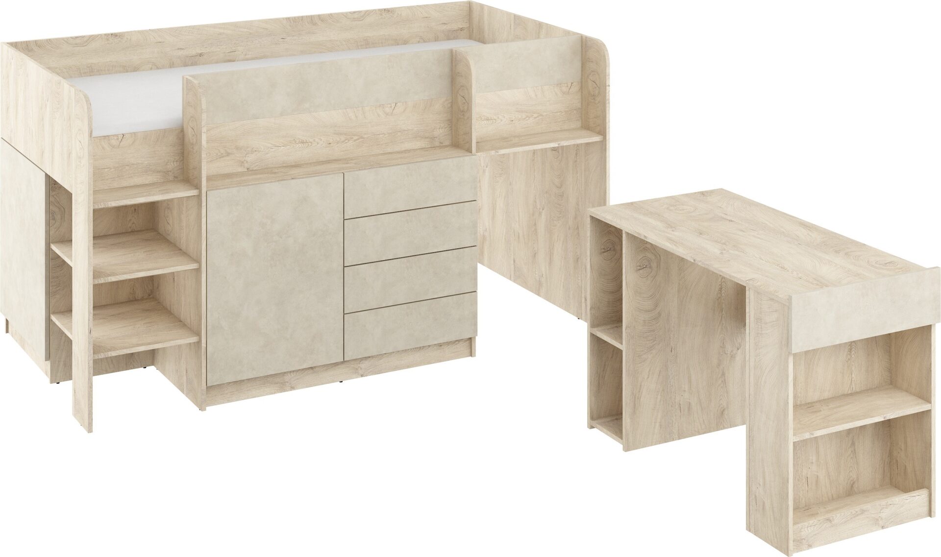 EMI L dviaukštė lova, rašomasis stalas, komoda, antresolė, ąžuolas, migdolų apdaila