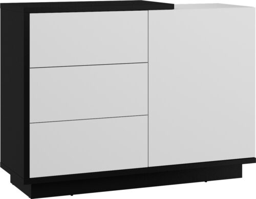 BRITA 04 baldų komoda su durelėmis svetainei, juodai balta blizgi