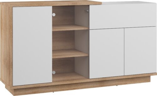 BRITA 08 baldų vitrina su stalčiumi svetainei, Sonoma ąžuolas, balta blizgi spalva