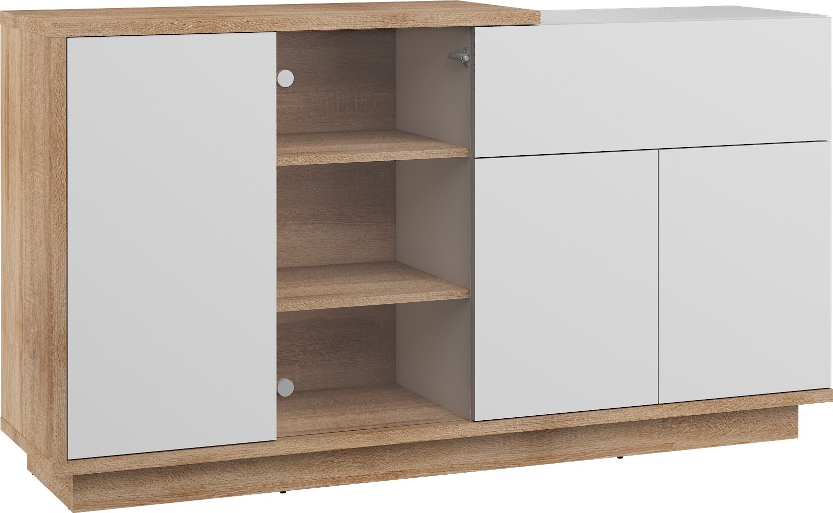 BRITA 08 baldų vitrina su stalčiumi svetainei, Sonoma ąžuolas, balta blizgi spalva