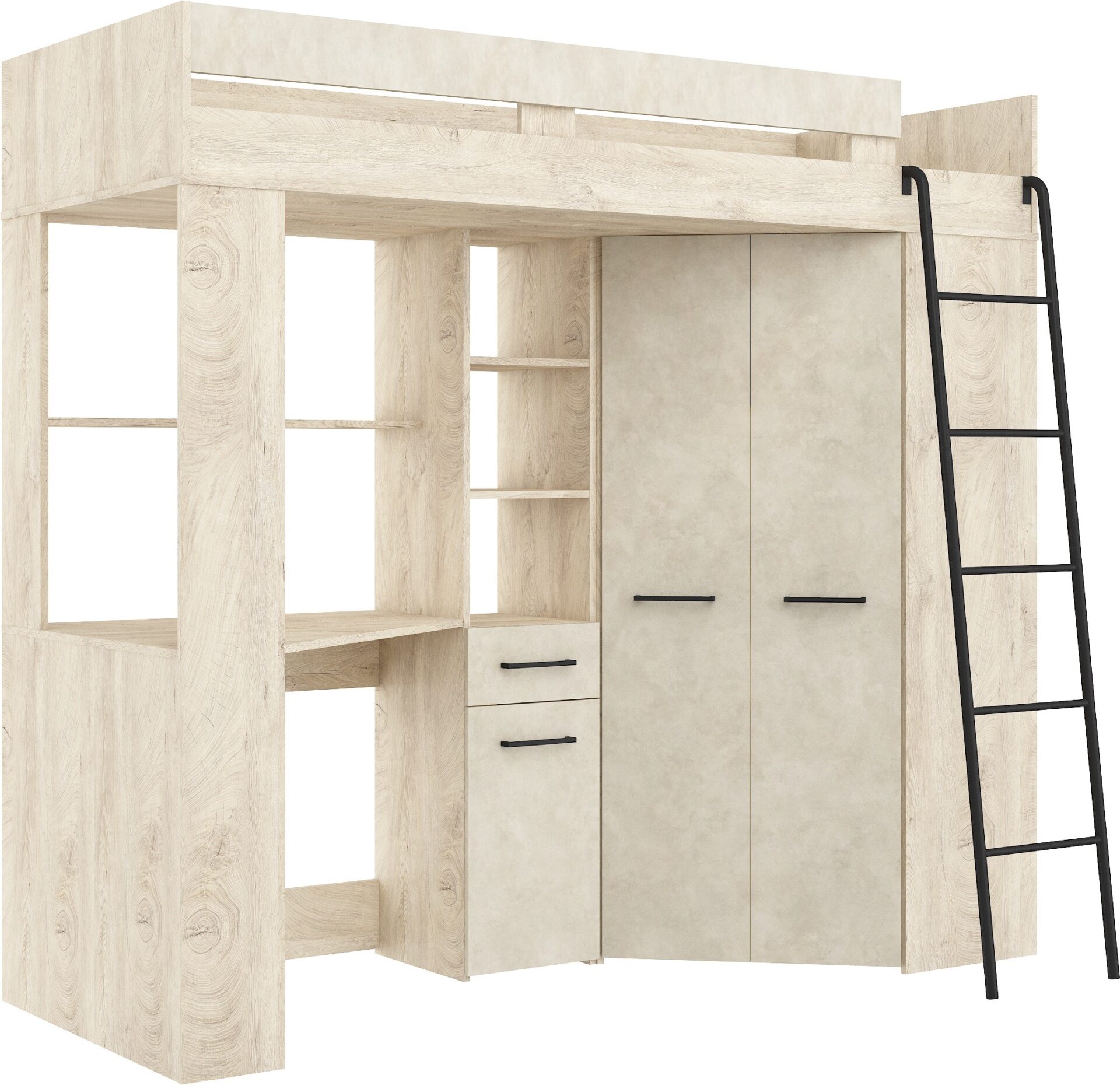 FLO P migdolų pilkumo dviaukštė lova su stalu, kampinė spinta, antresolė