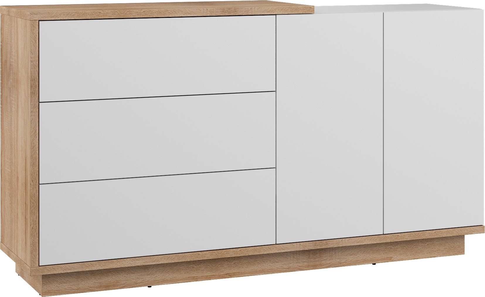 BRITA 07 didelė komoda su durelėmis, Sonoma ąžuolas, balta blizgi spalva