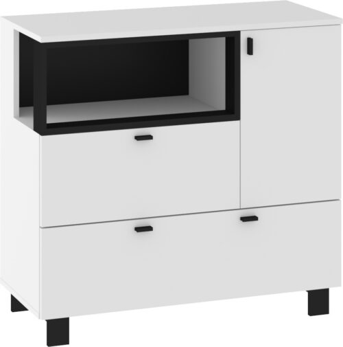 GAVES 01 baldų komoda ant kojų svetainei, balta juoda