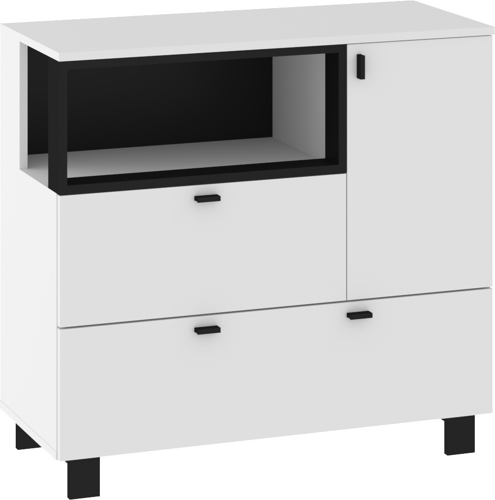 GAVES 01 baldų komoda ant kojų svetainei, balta juoda