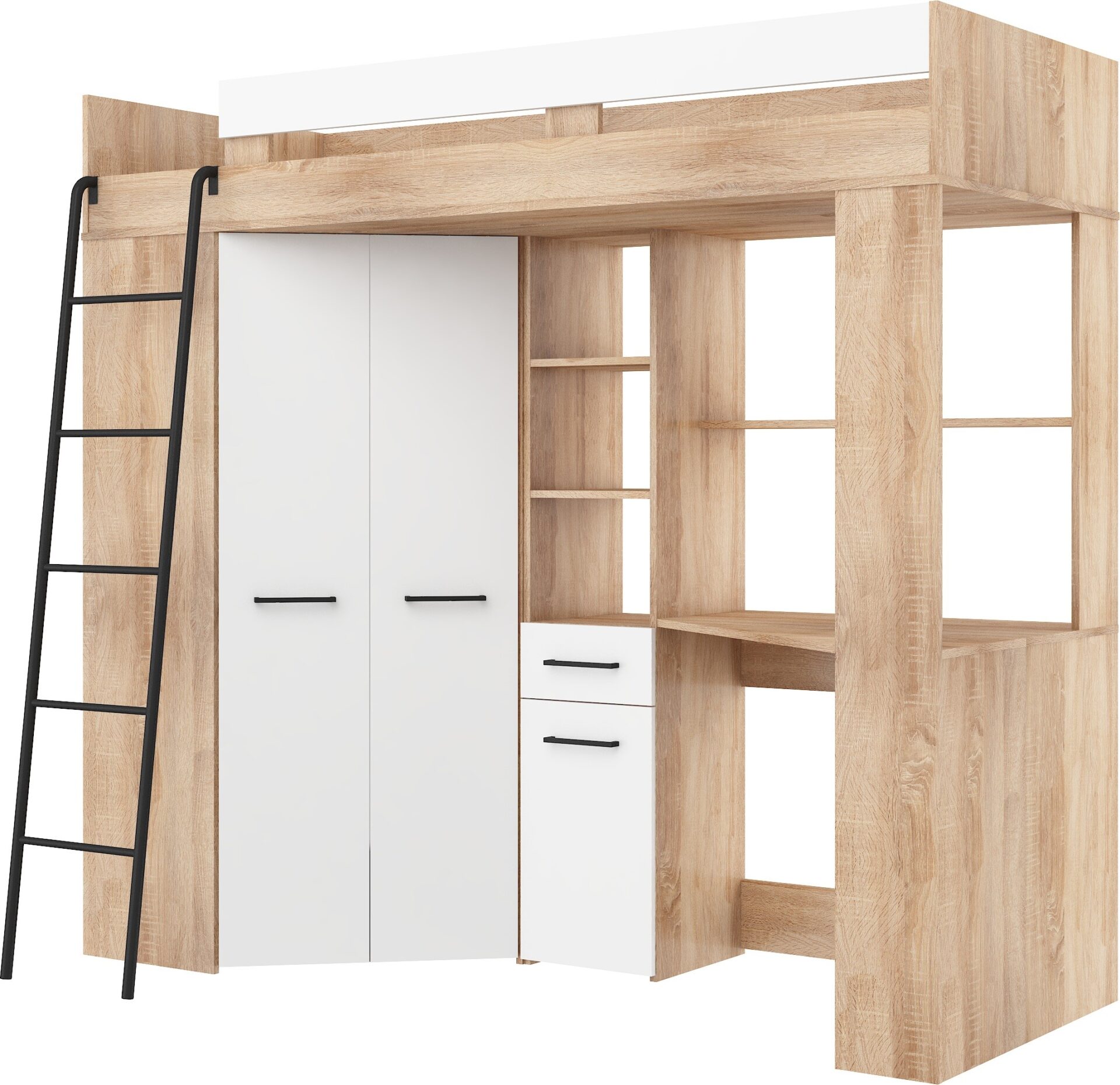 FLO L dviaukštė lova su stalu, kampinė spinta, antresolė, Sonoma ąžuolas, balta