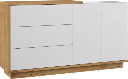 BRITA 07 baldų didelė komoda su durelėmis, ąžuolo dirbiniai, balta blizgi spalva