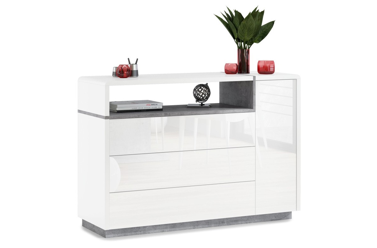 FOLK K-135 komoda, blizgi/matinė balta + „Millenium Concrete“ – MODERNI SVETAINEI