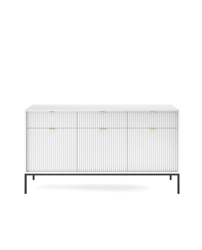 Nova KSZ154 komoda, durelėmis, stalčiais, baltu/juodu rėmu