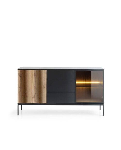 Sento KSZ154 komoda, durys, stalčiai, šviestuvai, juoda/Wotan ąžuolas