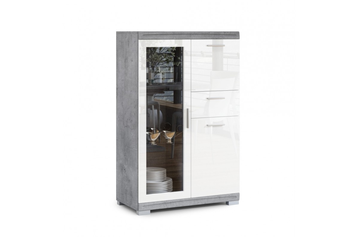 SIMPLE KWD3SZ1 Komoda „Millenium Concrete“/Blizgi balta - Vitrininė lentyna, svetainės spintelė, blizgus stiklas