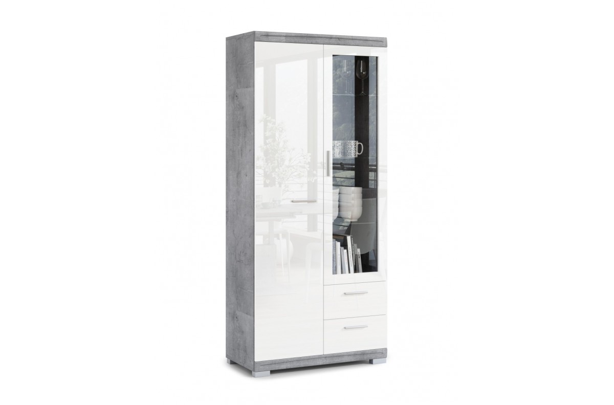 Aukšta komoda SIMPLE KWD2SZ2 Millenium Concrete/White Gloss - SVETAINĖ LENTYNA LENTYNA SPINTA