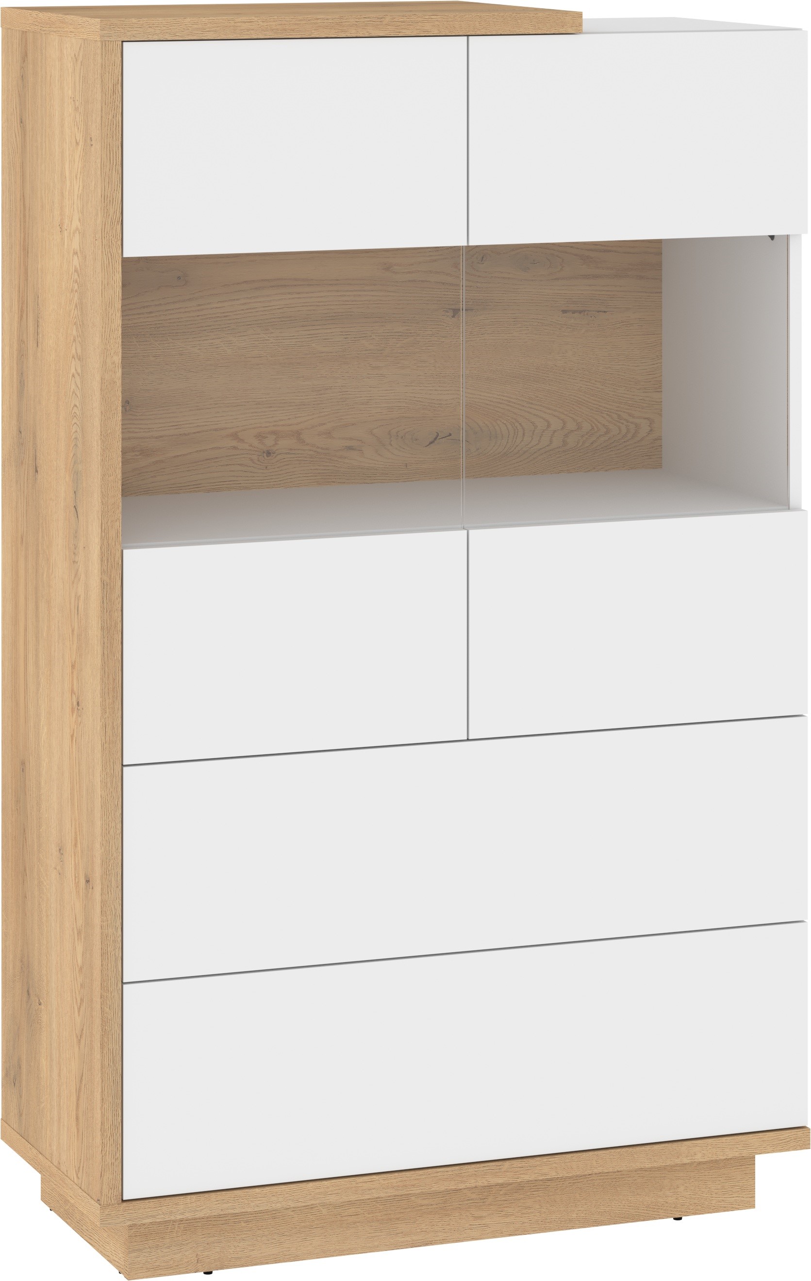 BRITA 28 žema vitrina su stalčiais svetainei, ąžuolas „Cremona“, balta