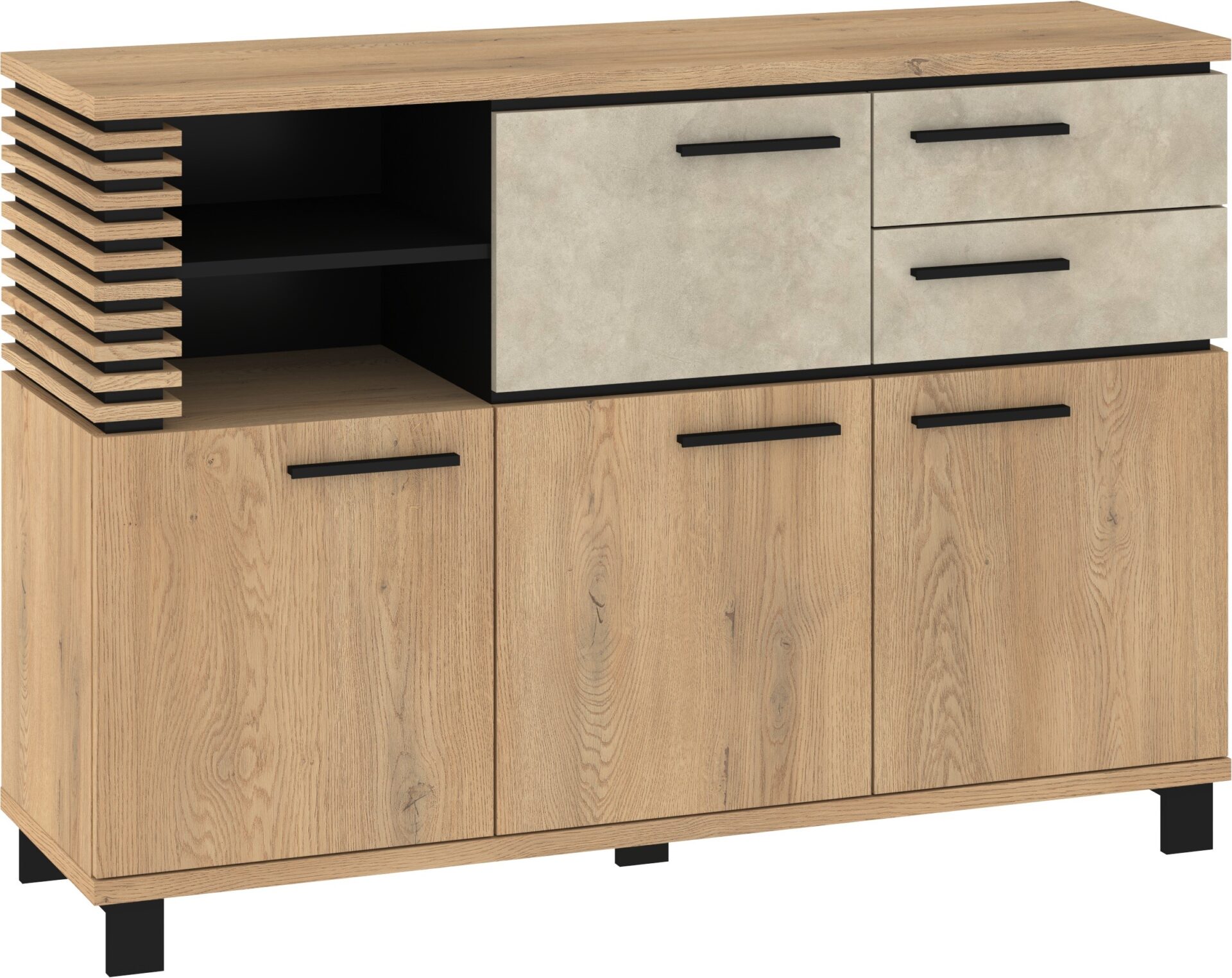 MILAR 04 baldų komoda, 4 stalčiai, 2 stalčiai, kremonos ąžuolo, granados, migdolų / juodos spalvos