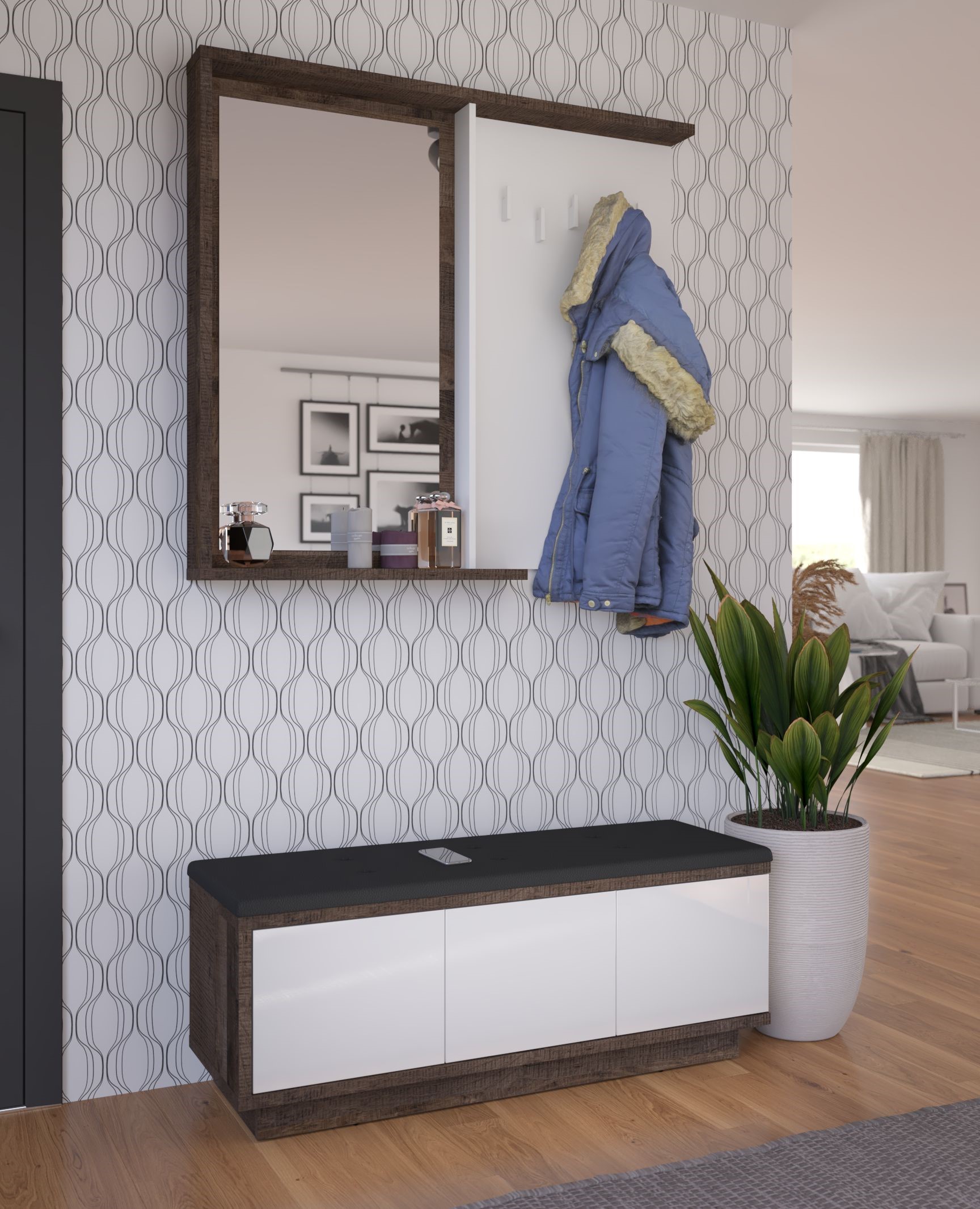 BRITA #5 prieškambario baldai su veidrodžiu, spintelė su sėdyne, baltas ąžuolas