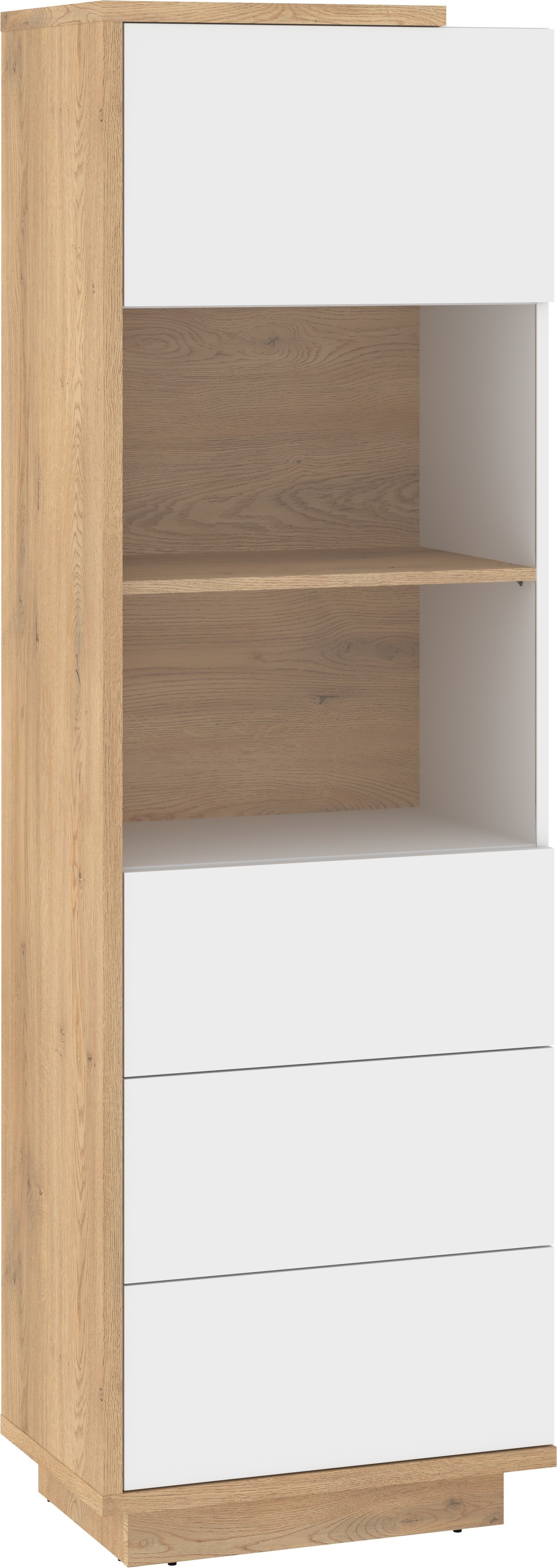 BRITA 27 aukšta vitrina svetainei, kremonos ąžuolas, blizgi balta