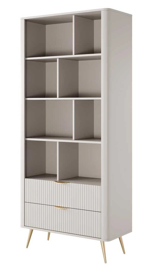 Lante knygų lentyna ant aukštų auksinių kojelių, smėlio spalvos