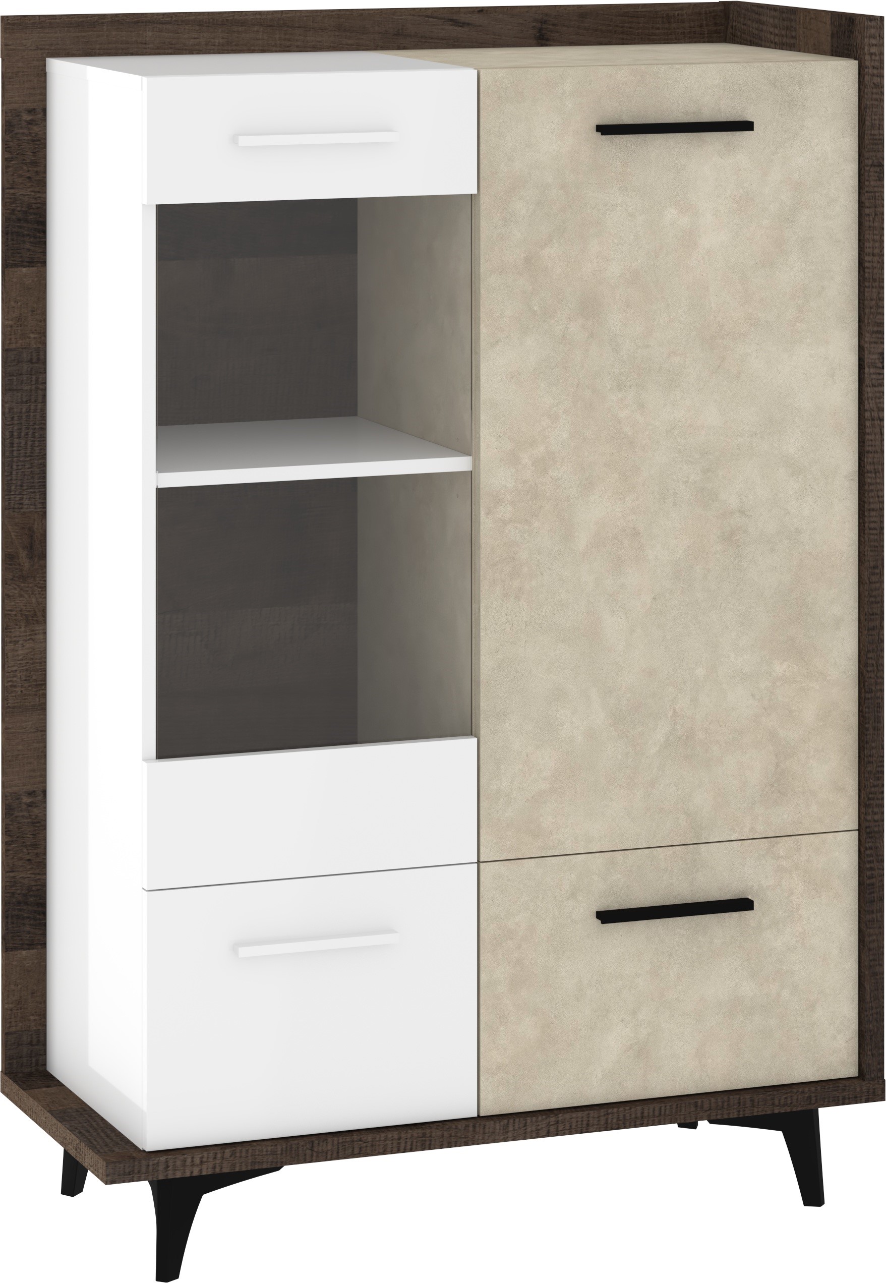 DOX 13 baldai, žema vitrina svetainei su durelėmis, ąžuolo ir granados spalvos, balta granada