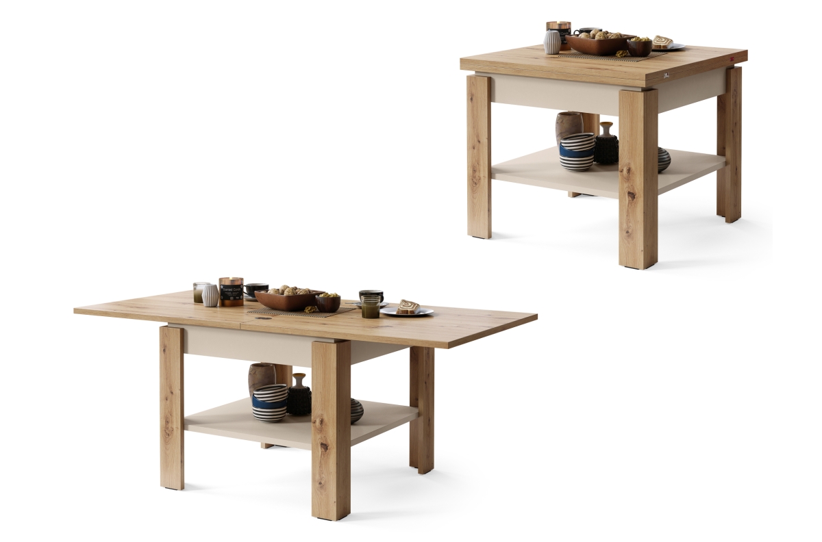 LEO Artisan Oak/Beige (Champagne) - KOMPAKTIŠKAS KAVOS STALIUKAS SU IŠPLĖSTAMA STALVIRŠIU