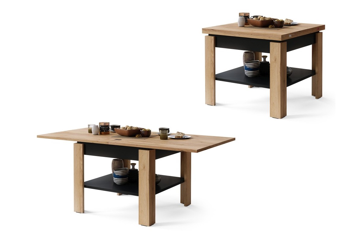 LEO Craft ąžuolo aukso/matinės juodos spalvos – kompaktiškas kavos staliukas su ištraukiamu stalviršiu