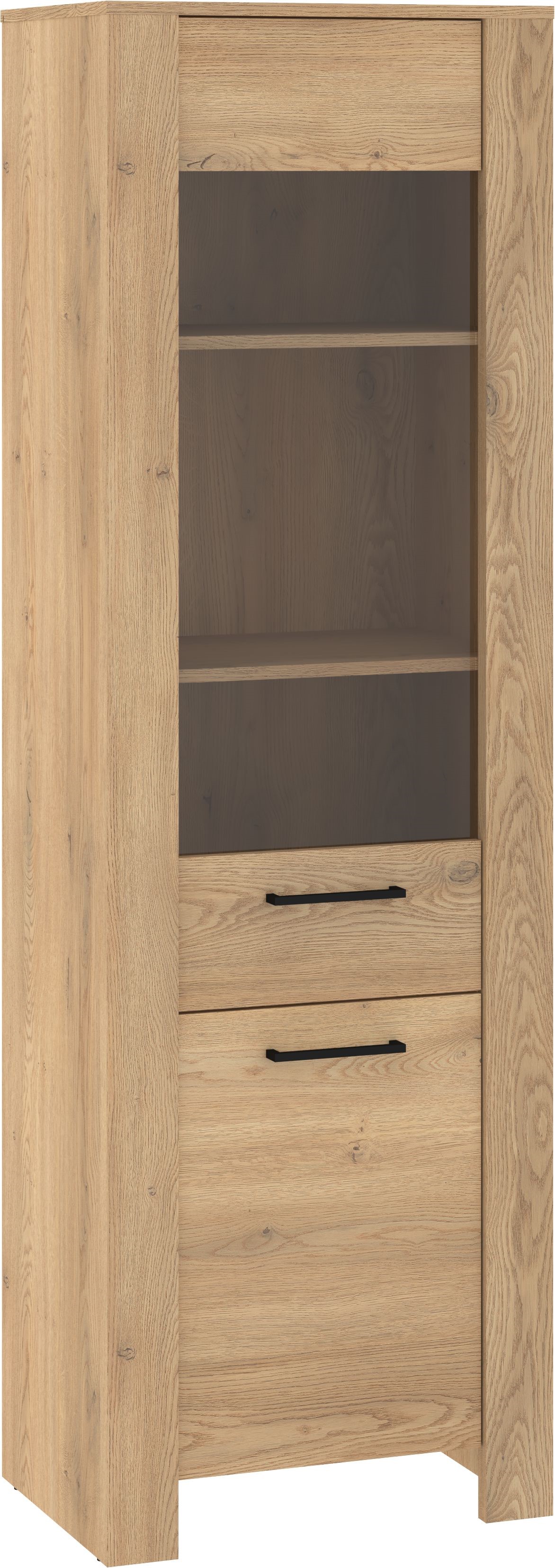 DELIS 15 baldai, aukšta, siaura vitrina svetainei, kremonos ąžuolas