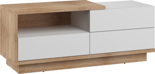 BRITA 20 baldai, komoda, stalas, TV spintelė su stalčiumi, Sonoma ąžuolas, balta blizgi spalva