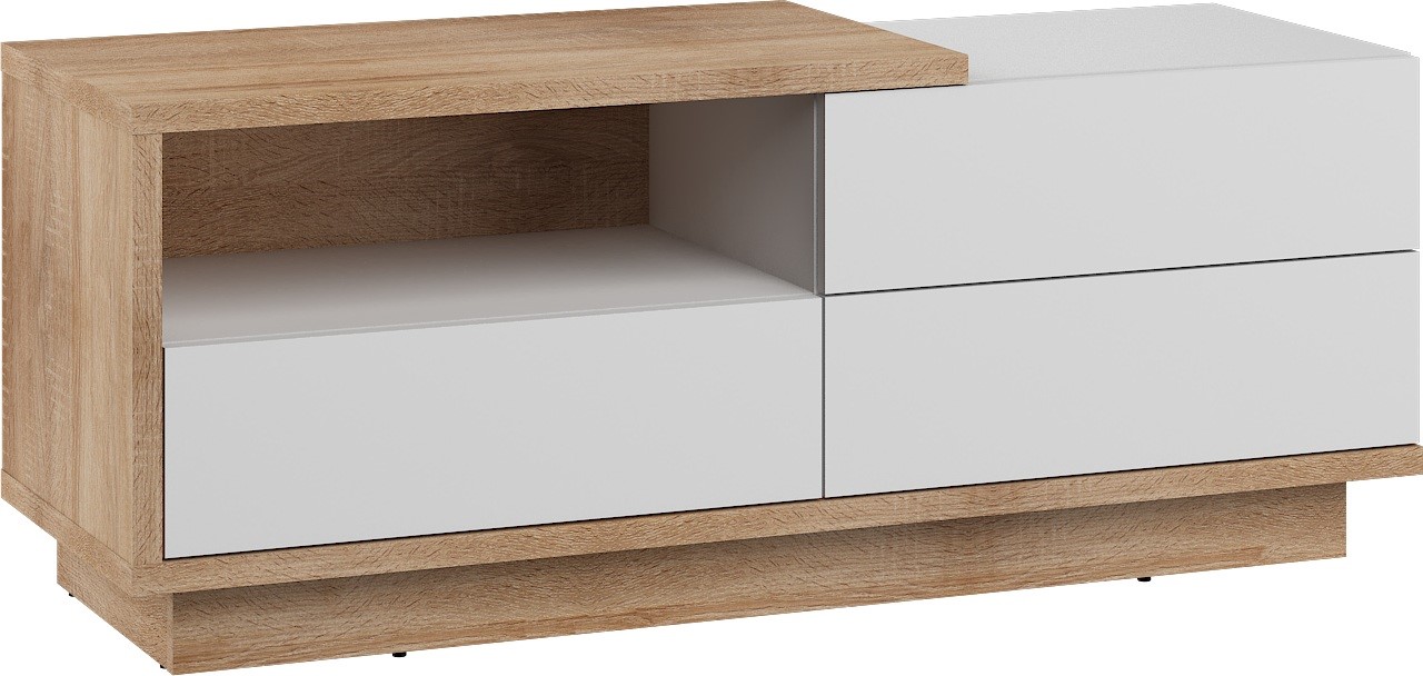 BRITA 20 baldai, komoda, stalas, TV spintelė su stalčiumi, Sonoma ąžuolas, balta blizgi spalva