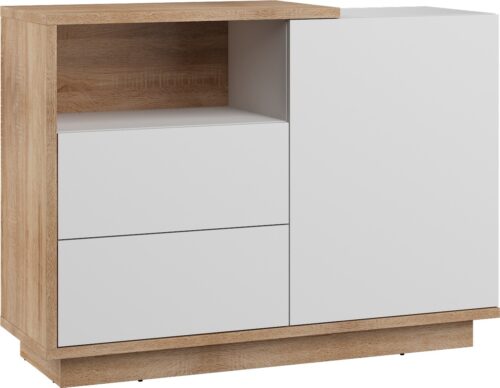 BRITA 03 komoda su durelėmis ir lentyna, Sonoma ąžuolas, balta blizgi spalva