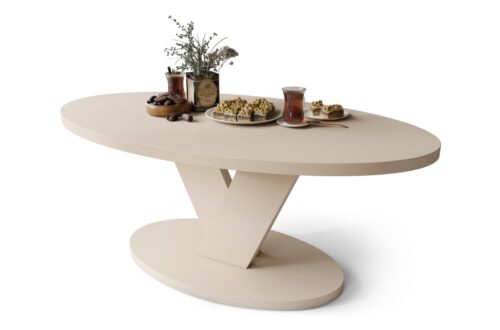 LOVA smėlio spalvos (šampano spalvos) – ovalus kavos staliukas 110×60 cm modernus kavos staliukas