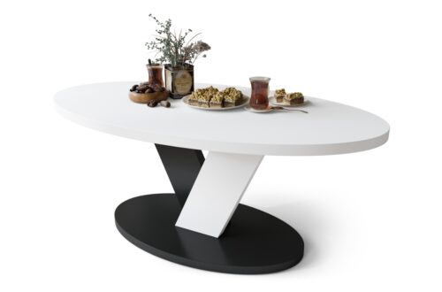 LOVA baltas/juodas – ovalus kavos staliukas 110×60 cm modernus kavos staliukas