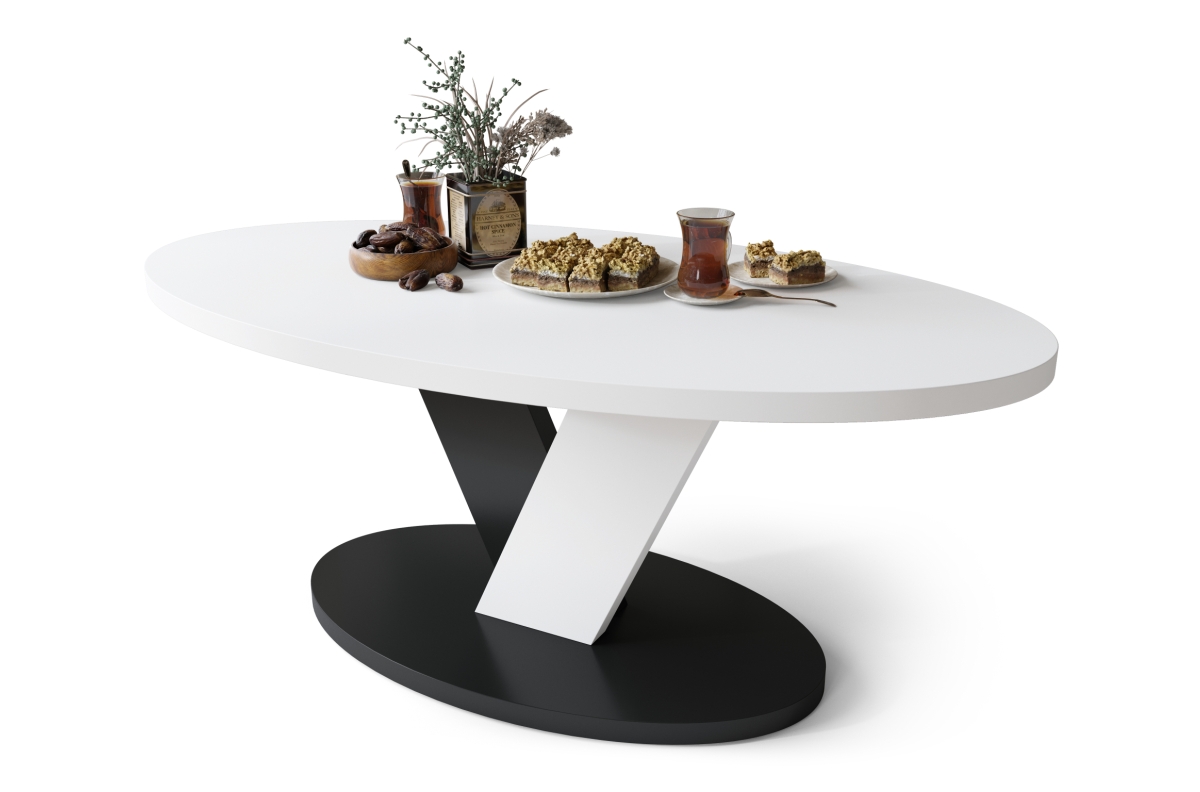 LOVA baltas/juodas - ovalus kavos staliukas 110x60 cm modernus kavos staliukas