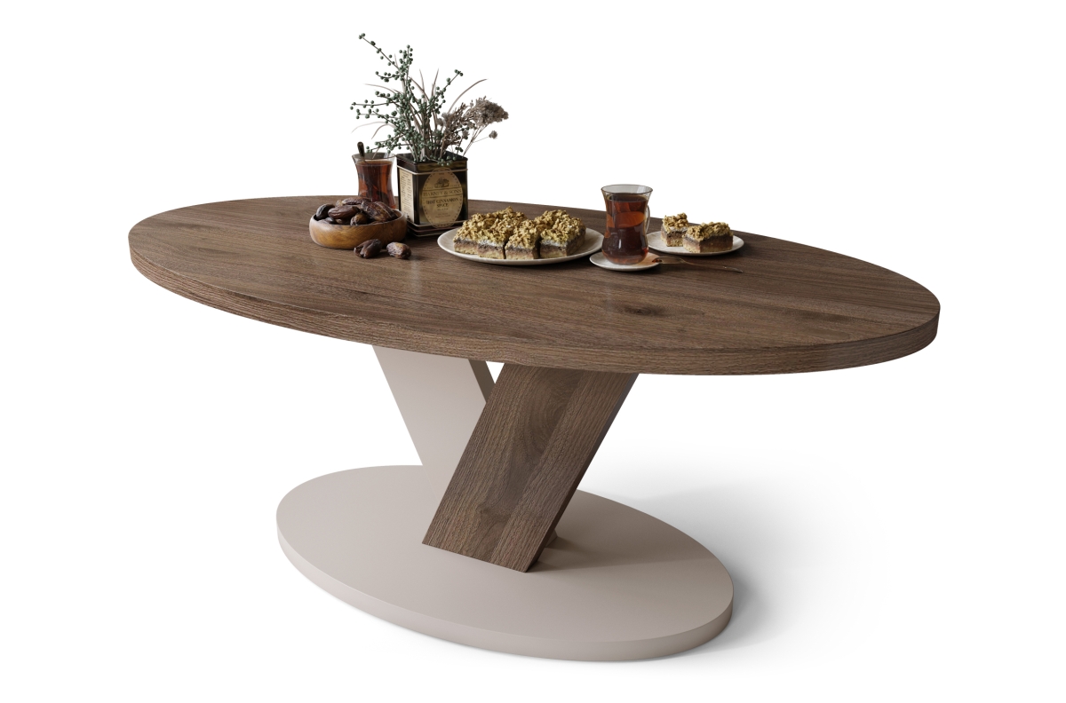 LOVA Elegantiškas riešuto/smėlinės smėlio spalvos - OVALUS kavos staliukas 110x60 cm MODERNUS kavos staliukas