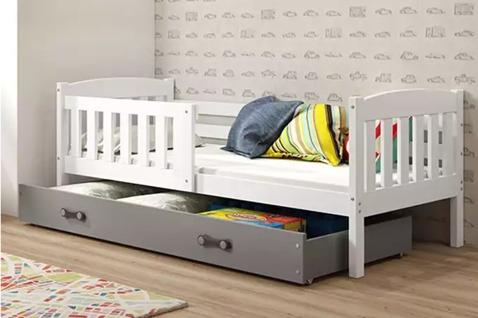 KUBUŚ viengulė vaikiška lova 80x160 su stalčiumi, balta/grafito spalvos