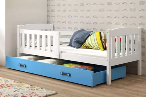 KUBUŚ viengulė vaikiška lova 80×160 su čiužiniu ir stalčiumi, balta/mėlyna