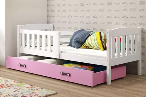 KUBUŚ viengulė vaikiška lova 80×160 su stalčiumi, balta/rožinė