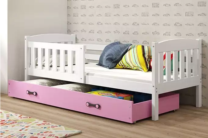 KUBUŚ viengulė vaikiška lova 80x160 su stalčiumi, balta/rožinė
