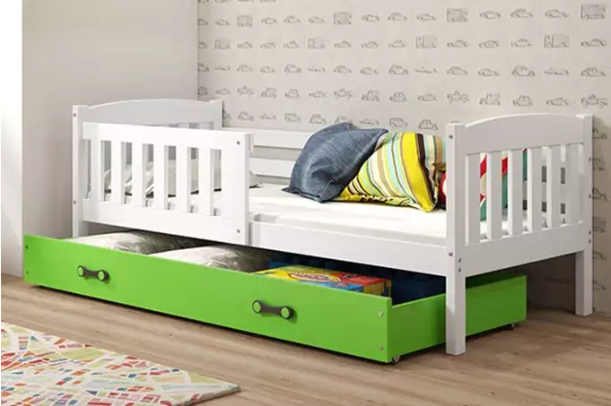 KUBUŚ viengulė vaikiška lova 80x160 su stalčiumi, balta/žalia
