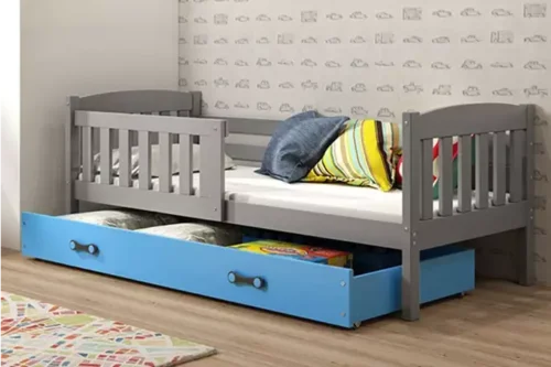 KUBUŚ viengulė vaikiška lova 80×160 su stalčiumi, grafito/mėlyna
