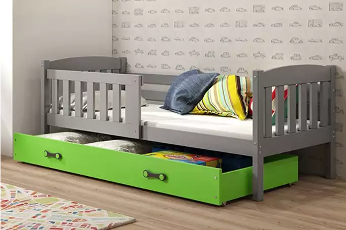 KUBUŚ viengulė vaikiška lova 80x160 su čiužiniu ir stalčiumi, grafito/žalia