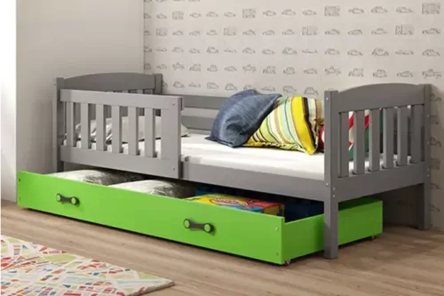 KUBUŚ viengulė vaikiška lova 80×160 su stalčiumi, grafito/žalia