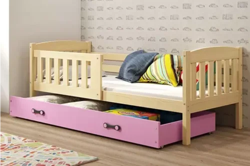 KUBUŚ viengulė vaikiška lova 80×160 su čiužiniu ir stalčiumi, pušis/rožinė