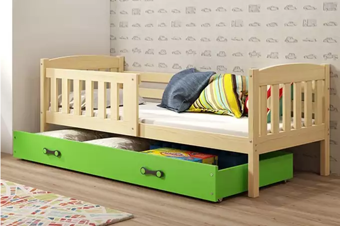 KUBUŚ viengulė vaikiška lova 80x160 su čiužiniu ir stalčiumi, pušis/žalia