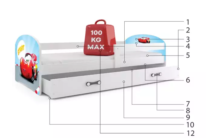 VAIKIŠKA LOVA, PIRMAS AUKŠTAS SU LIUKU, BALTAIS RĖMAIS, AUTOMOBILIO LIPDUKU, STALČIUKU, BALTA 80 X 160 KOMPLEKTAS